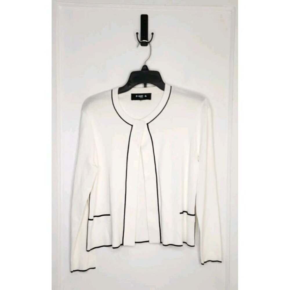 Size Large Paule Ka Ivory Knit Cardigan Black Piping Detail Top Button Closure